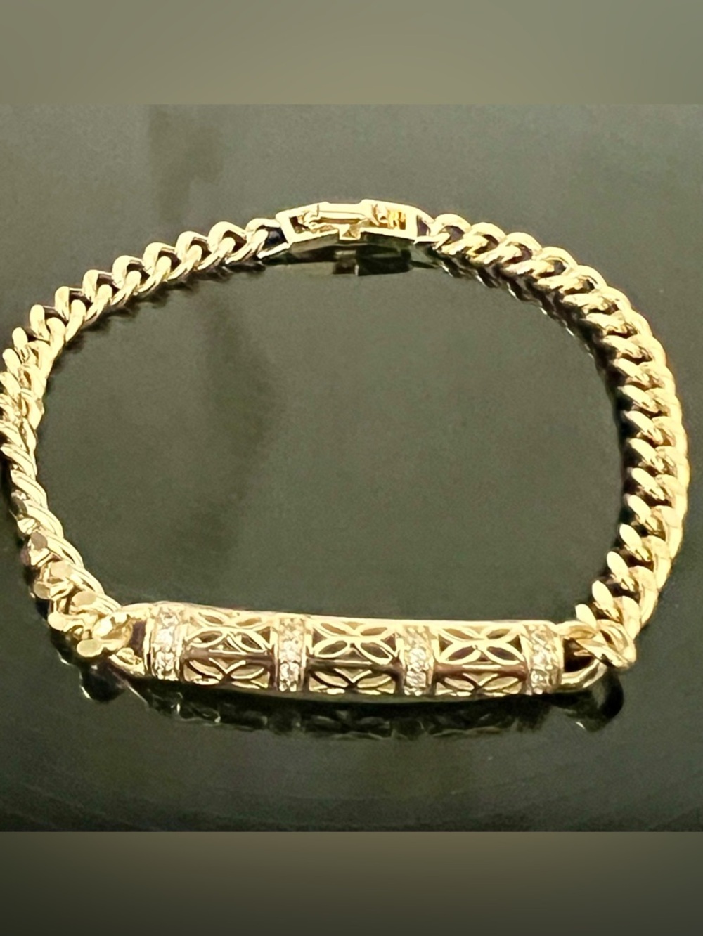 Gold Plated Chain with Decorative Gold Bar & Crystal Stones Bracelet -7"